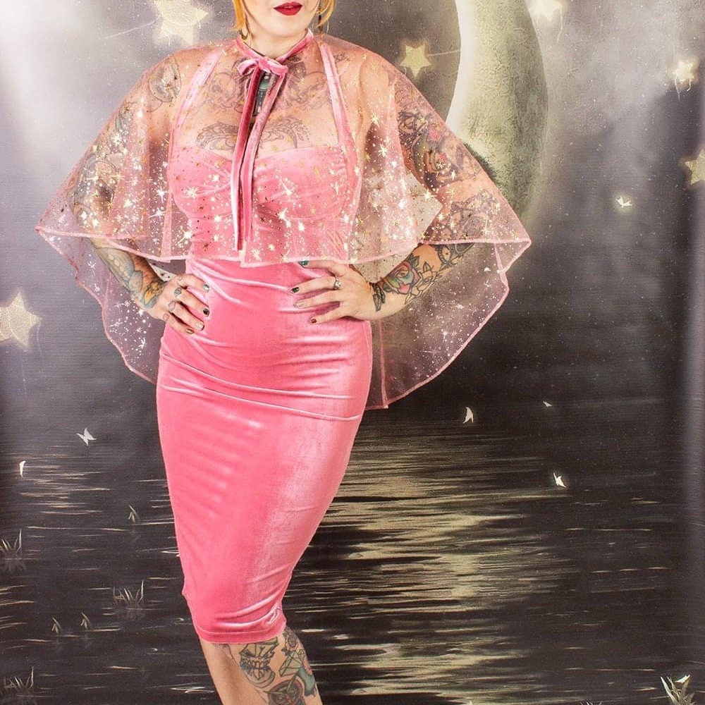 The Oblong Box Shop Twinkle pink double cross dress w/ matching twinkle cape NWT